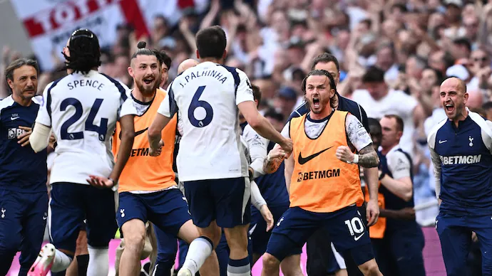 Tottenham players celebrate after surviving relegation on the final day