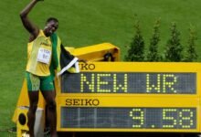 Usain Bolt celebrates winning the men's 100 metres final in 2009