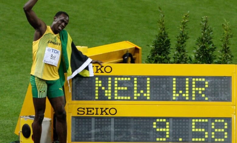 Usain Bolt celebrates winning the men's 100 metres final in 2009