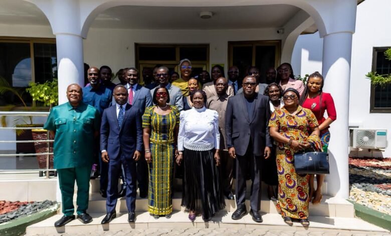 Vice President Prof. Opoku-Agyemang (third from right), Mr Akandoh (second from left), with Ms Darko-Opoku (third from left) and other officials after the meeting