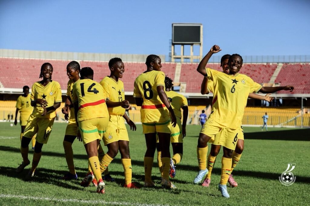 • Black Maidens players celebrating the first goal scored by Daniella Abass