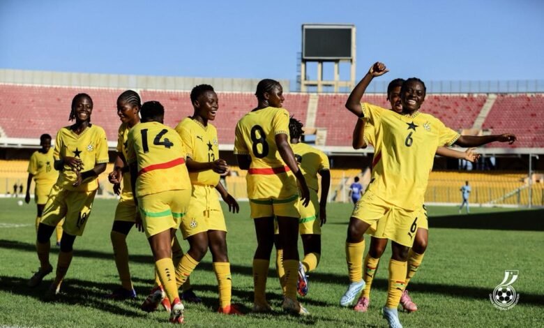 • Black Maidens players celebrating the first goal scored by Daniella Abass