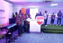 Mr Tieku ( third from right with) some board members and management staff of Acacia Health Insurance during the launch of Edencare