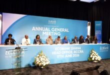 Chief Adani (fourth from left) and Mrs Osei-Poku (fifth from right) with other board of directors of the bank during the AGM