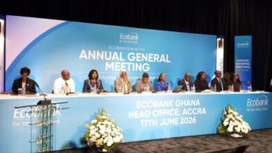 Chief Adani (fourth from left) and Mrs Osei-Poku (fifth from right) with other board of directors of the bank during the AGM