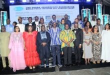 Mr George (fifth from right) with Mr Dwumfour (fourth from left) and other dignitaries at the Second World Press Freedom Day Commemoration and Honours Night