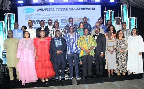 Mr George (fifth from right) with Mr Dwumfour (fourth from left) and other dignitaries at the Second World Press Freedom Day Commemoration and Honours Night