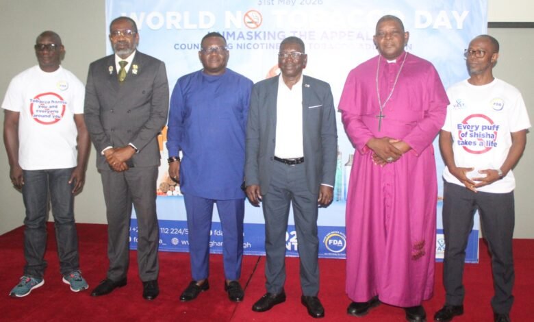 Dr Hafez Adam Taher (second from right), Mr Gayheart Mensah (third from left), Most. Rev. Cyril Kobina Ben-Smith and other invited guests at the World Tobacco day launch. Photo. Ebo Gorman