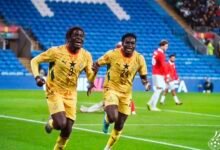 Goalscorer Caleb Yirenkyi (left) in joined by provider Ernest Nuamah to celebrate Ghana's win