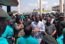 Mr Mubarak (middle) addressing security personnel at the Aflao boader during a familiarisation visit to the Volta Region