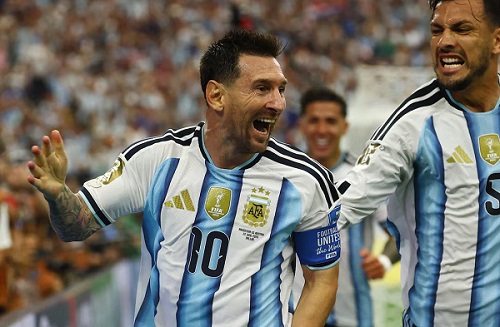 Lionel Messi celebrates scoring their second goal