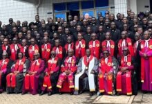 Most Rev. Prof. Asamoah Gyadu (seated forth from right) with the leadership of the church and the newly commissioned ministers after the service