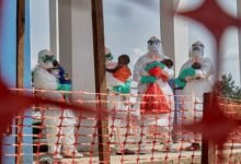 Medical workers dressed in personal protective equipment (PPE) carry children tested and cleared off from Ebola from Saint Nicholas orphanage, at the Centre Medical Evangelique (CME)