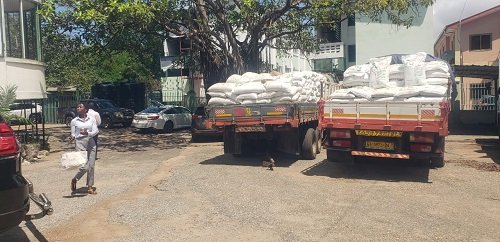 Trucks loaded with fertiliser for distribution to farmers