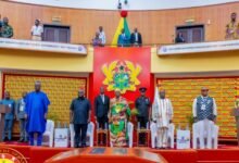 Mr Bagbin (in kente cloth) with Mr Debrah (second from left), Chief of Staff and other invited guests at the conference