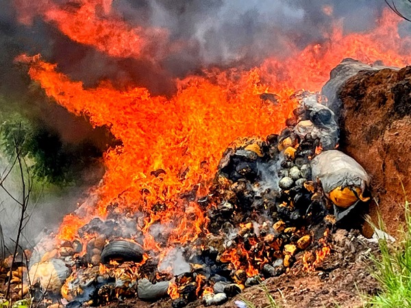 The seized drugs being destroyed by fire