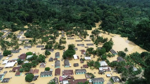 Houses submerged by floodwaters after heavy rains in Samreboi