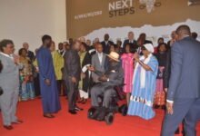 President Mahama(third from left)interacting with Former President John A. Kufuor during the conference. With them are President Faye(second from left), Prime Minister Mia Mottley(left)and other leaders Photo Victor Bu