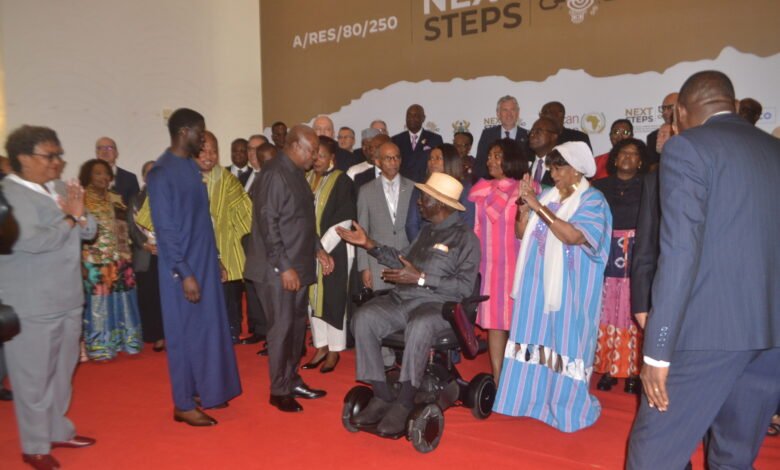 President Mahama(third from left)interacting with Former President John A. Kufuor during the conference. With them are President Faye(second from left), Prime Minister Mia Mottley(left)and other leaders Photo Victor Bu