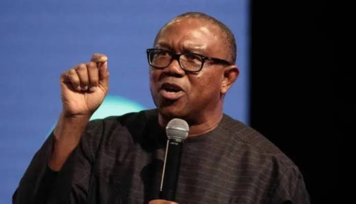 Peter Obi, casts his ballot at a polling unit to cast his vote during Nigeria's presidential election in his home towm