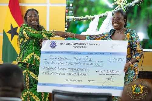 Nana Oye Bampo Addo (left) presenting the dummy cheque to Ms Obuobia Darko-Opoku