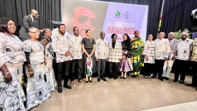 Vice President Naana Jane Opoku-Agyemang (middle) with the children of the late Jerry John Rawlings and members of the National Executives of the NDC