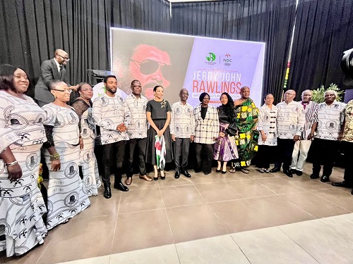 Vice President Naana Jane Opoku-Agyemang (middle) with the children of the late Jerry John Rawlings and members of the National Executives of the NDC