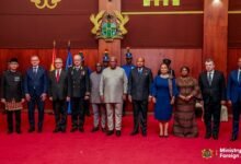 President Mahama (middle), Mr Julius Debrah (fifth from left), Chief of Staff, and Mr Ablakwa (fifth from right) with the envoys
