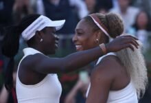 Serena Williams and Victoria Mboko celebrating their round of 16 victory