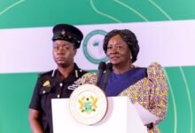 Vice President Prof. Opoku-Agyemang (inset) speaking at the West Africa Rice Investment Roundtable in Accra