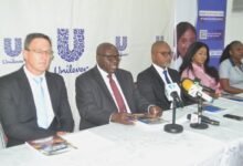 Mr Nimako (second from left) addressing the press at the briefing. With him are Mr Wulff-Caesar (middle) and other members of Unilever Board Photo Victor A. Buxton