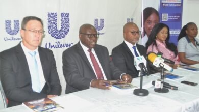Mr Nimako (second from left) addressing the press at the briefing. With him are Mr Wulff-Caesar (middle) and other members of Unilever Board Photo Victor A. Buxton
