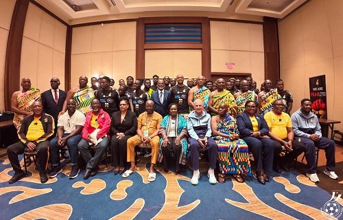 Vice President, Professor Opoku-Agyemang (seated middle) with the Black Stars management and players during the visit