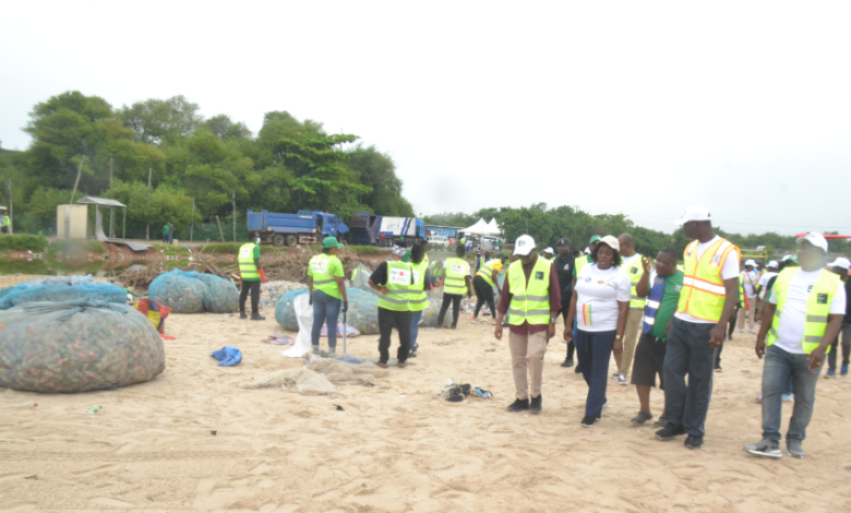 Mr Anyetei (second from right) with Ms Sowah (fourth from right) and other dignitaries inspecting progress of the clean-up exercise at the Polo Beach Photo Victor A. Buxton