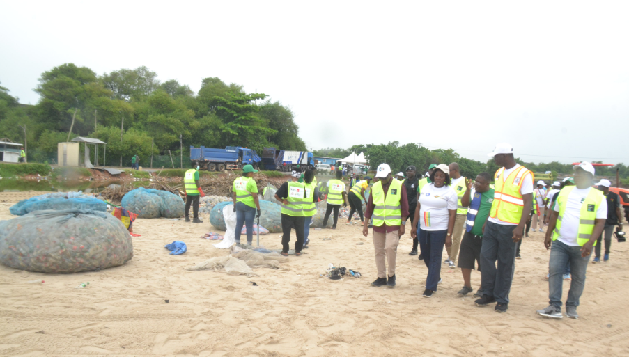 Mr Anyetei (second from right) with Ms Sowah (fourth from right) and other dignitaries inspecting progress of the clean-up exercise at the Polo Beach Photo Victor A. Buxton