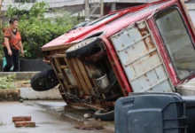 A vehicle knocked over by winds in China's eastern Zhejiang province