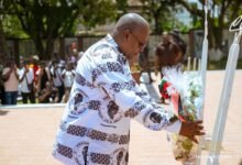 President Mahama laying a wreath at the Asomdwee Park in Accra