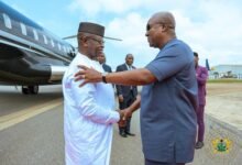 President Mahama (right) welcoming President of Sierra Leone, His Excellency Julius Maada Bio to Ghana