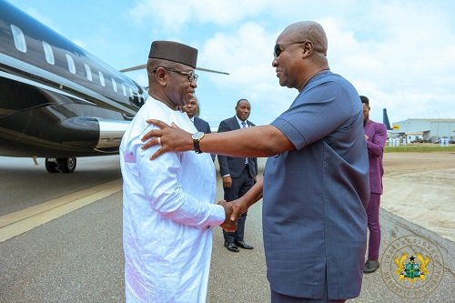 President Mahama (right) welcoming President of Sierra Leone, His Excellency Julius Maada Bio to Ghana