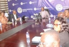 Dr. Alhassan Iddrisu (head of table) addressing the press. Photo. Ebo Gorman