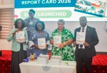 Ms Tetteh-Agbotui (second from right) with Dr Patrick Amoah Bekoe (right) and other officials launching the report