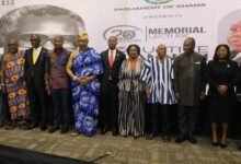 Justice Atuguba(third from right) with Vice President Professor Naana Jane Opoku-Agyemang(sixth from left),Ga Mantse, King Tackie Teiko Tsuru II(sixth from right),First Deputy Speaker, Bernard Ahiafor(middle)and others
