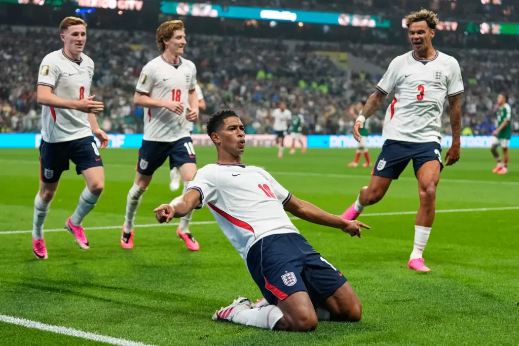 Jude Bellingham leads the England celebrations after scoring the second goal