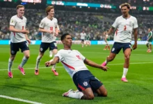 Jude Bellingham leads the England celebrations after scoring the second goal