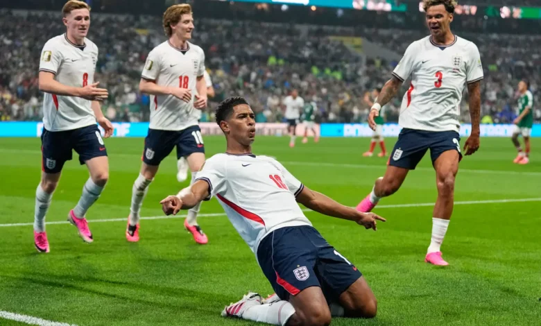 Jude Bellingham leads the England celebrations after scoring the second goal