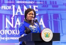 Vice President Professor Naana Jane Opoku-Agyemang (inset) addressing participants at the anniversary