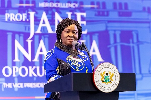 Vice President Professor Naana Jane Opoku-Agyemang (inset) addressing participants at the anniversary