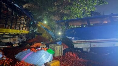 The collided vehicles and scattered items after the accident