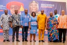 -Mr Mould (right), Neenyi Ghartey VII, Paramount Chief of Winneba and Chancellor of EUW (second right) with Mr Tameklo (third from right) and other dignitareis at the event