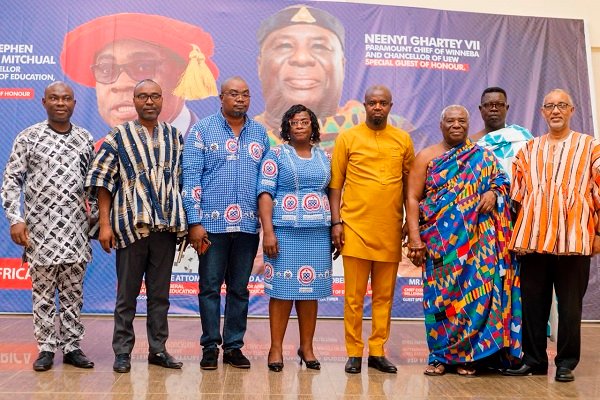 -Mr Mould (right), Neenyi Ghartey VII, Paramount Chief of Winneba and Chancellor of EUW (second right) with Mr Tameklo (third from right) and other dignitareis at the event